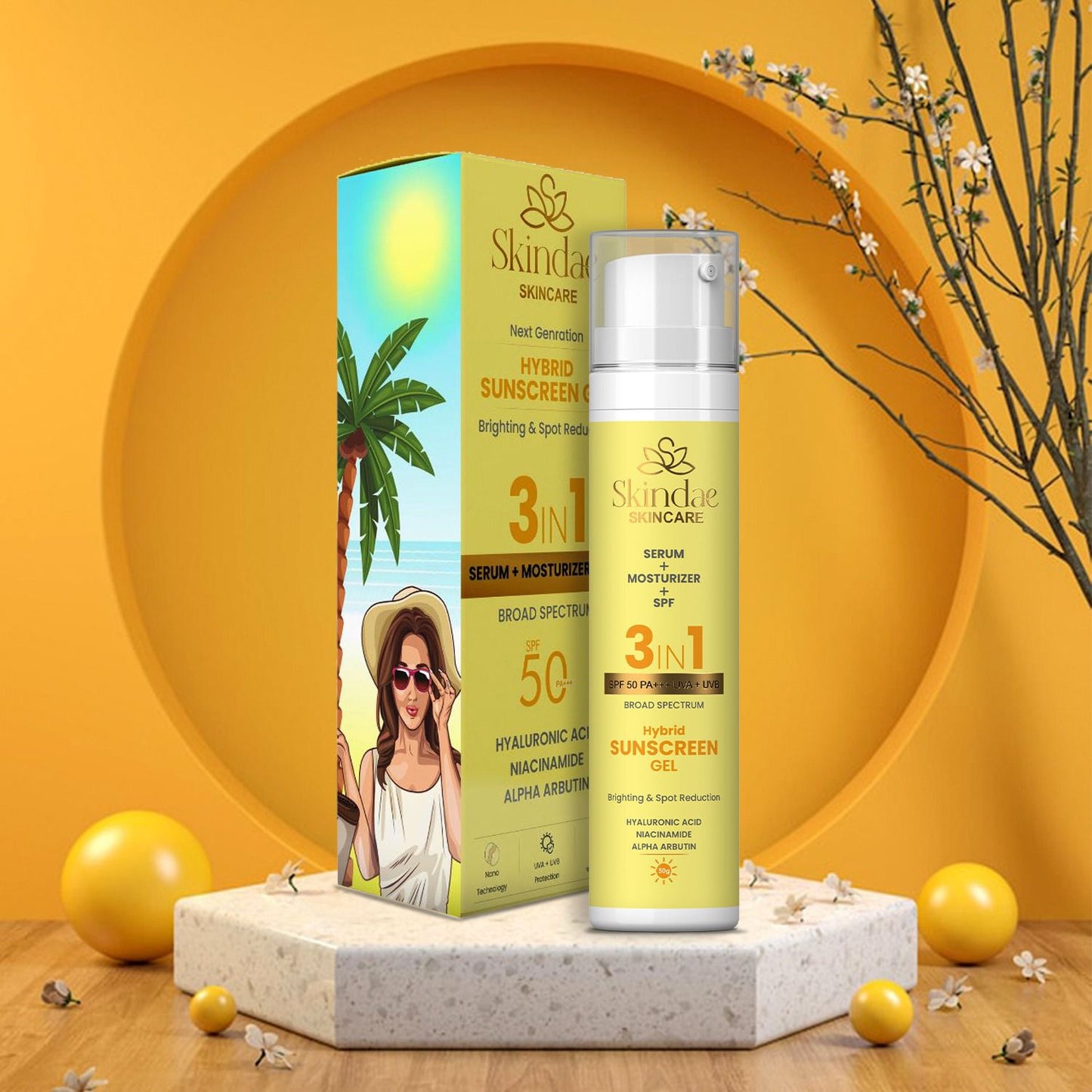 india's first  3 in 1 Sunscreen gel with Serum, Moisturiser and SPF 50+++ UVA/UVB 